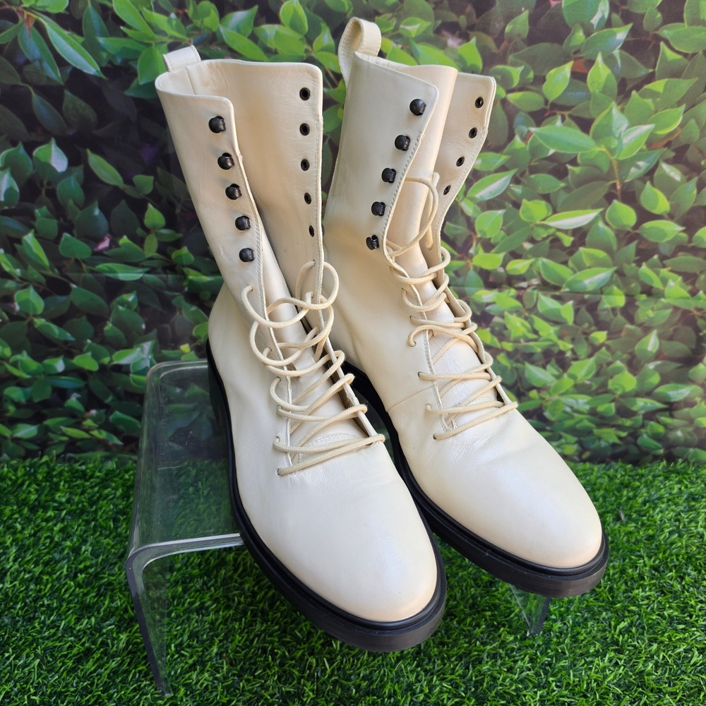 Aeyde Cream Leather Lace Up Combat Boots Made in Italy Lug Sole Size 41